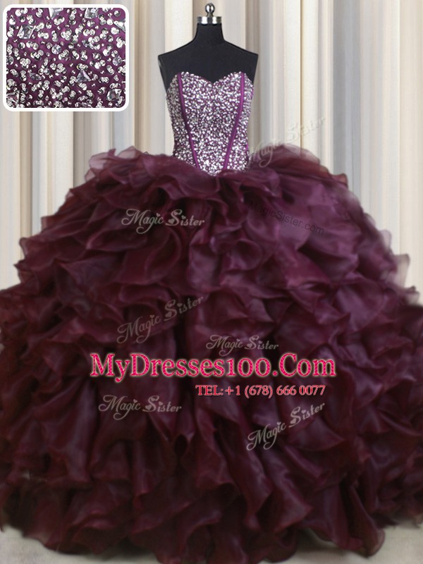 Visible Boning Brush Train Burgundy Sleeveless With Train Beading and Ruffles Lace Up Quinceanera Dress