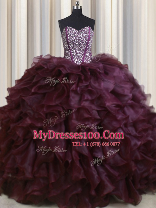 Visible Boning Brush Train Burgundy Sleeveless With Train Beading and Ruffles Lace Up Quinceanera Dress