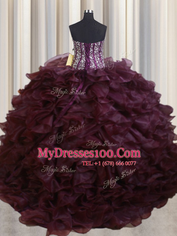 Visible Boning Brush Train Burgundy Sleeveless With Train Beading and Ruffles Lace Up Quinceanera Dress