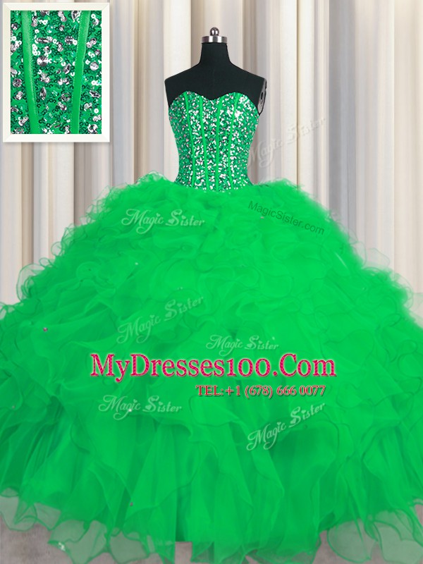 Cute Visible Boning Floor Length Green Sweet 16 Dress Sweetheart Sleeveless Lace Up