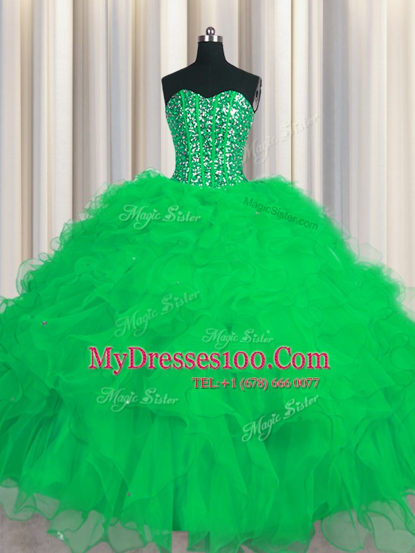 Cute Visible Boning Floor Length Green Sweet 16 Dress Sweetheart Sleeveless Lace Up