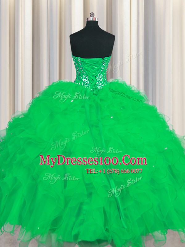 Cute Visible Boning Floor Length Green Sweet 16 Dress Sweetheart Sleeveless Lace Up