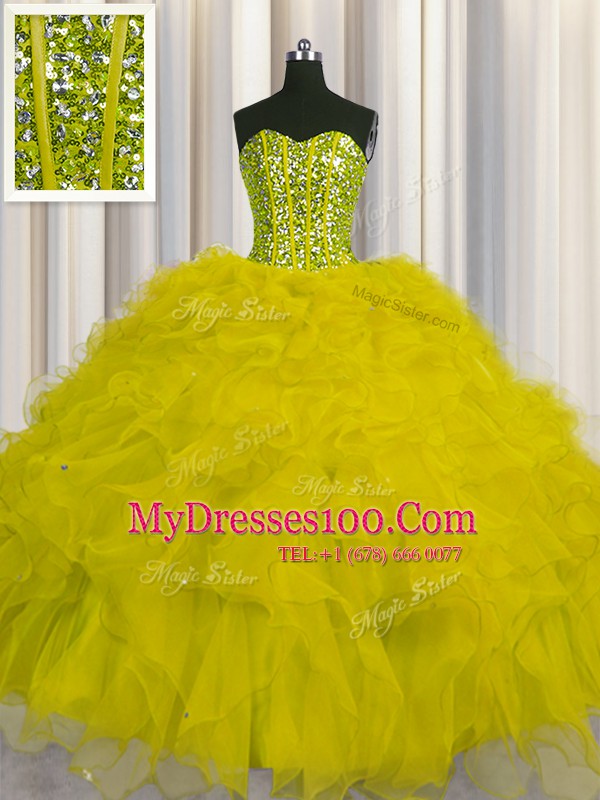 Decent Visible Boning Ball Gowns Ball Gown Prom Dress Yellow Sweetheart Tulle Sleeveless Floor Length Lace Up