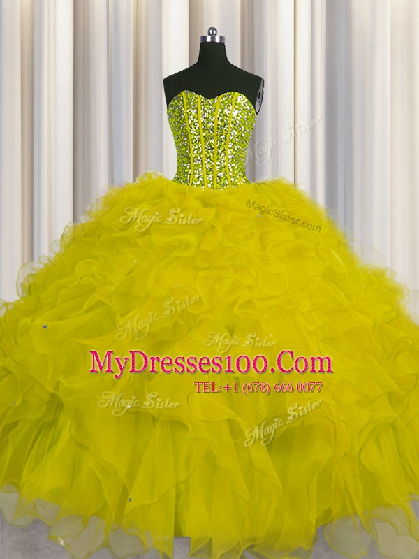 Decent Visible Boning Ball Gowns Ball Gown Prom Dress Yellow Sweetheart Tulle Sleeveless Floor Length Lace Up
