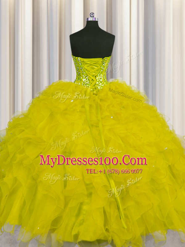 Decent Visible Boning Ball Gowns Ball Gown Prom Dress Yellow Sweetheart Tulle Sleeveless Floor Length Lace Up