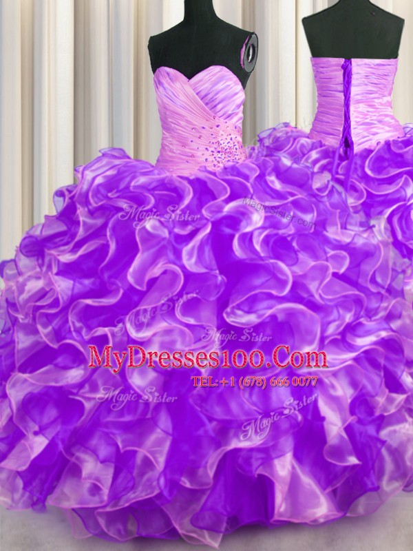 Elegant Purple Sweetheart Neckline Beading and Ruffles Quinceanera Gowns Sleeveless Lace Up