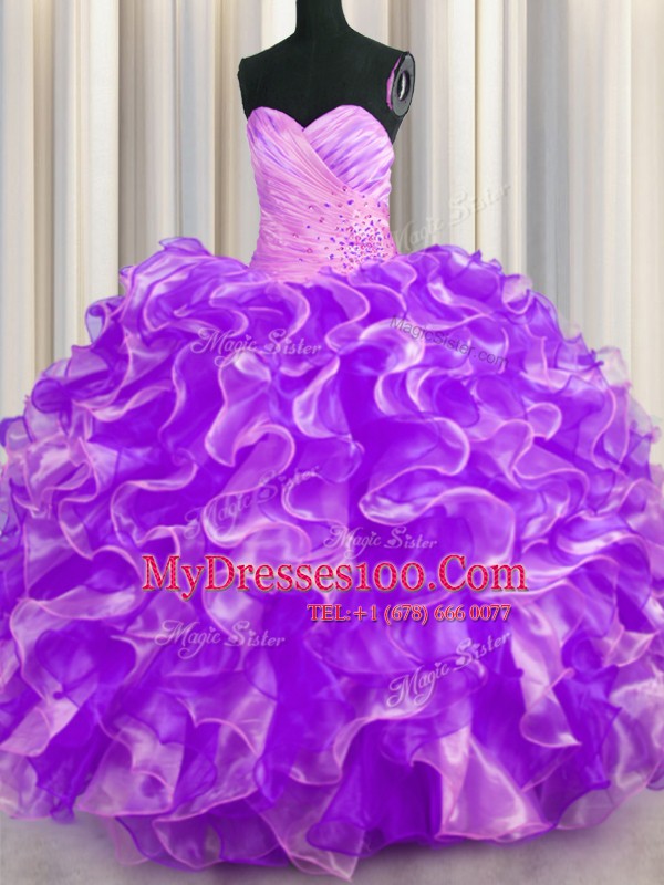 Elegant Purple Sweetheart Neckline Beading and Ruffles Quinceanera Gowns Sleeveless Lace Up