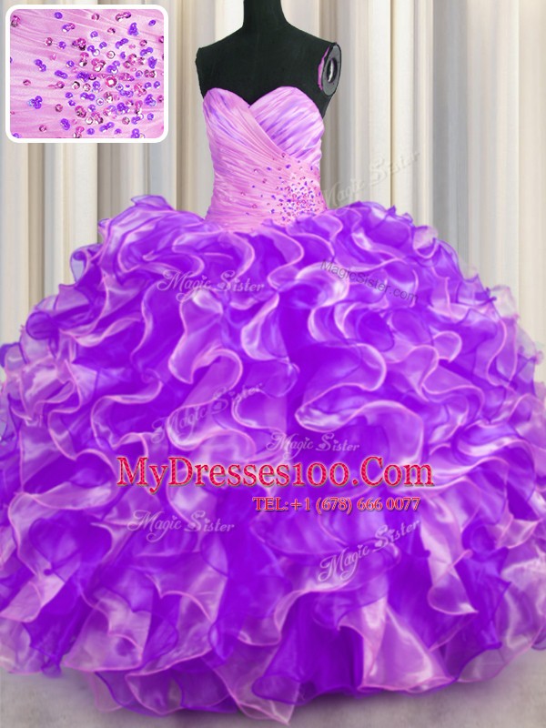 Elegant Purple Sweetheart Neckline Beading and Ruffles Quinceanera Gowns Sleeveless Lace Up