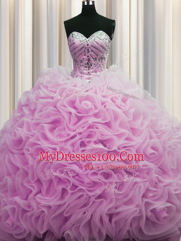 Custom Design Brush Train Lilac Ball Gowns Beading and Pick Ups Quinceanera Gowns Lace Up Fabric With Rolling Flowers Sleeveless