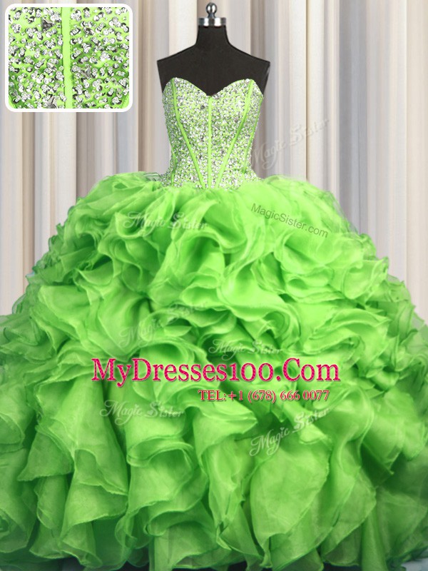 Visible Boning Brush Train Green Quinceanera Dresses Military Ball and Sweet 16 and Quinceanera and For with Beading and Ruffles Sweetheart Sleeveless Sweep Train Lace Up