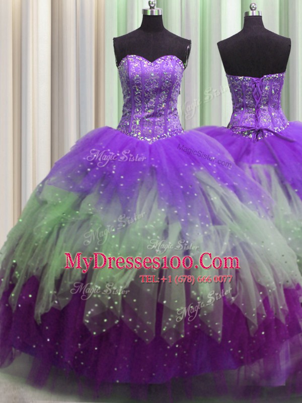 Extravagant Visible Boning Multi-color Sleeveless Beading and Ruffles and Sequins Floor Length Quinceanera Gowns
