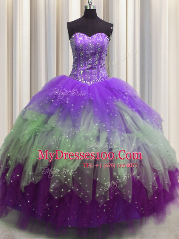 Extravagant Visible Boning Multi-color Sleeveless Beading and Ruffles and Sequins Floor Length Quinceanera Gowns