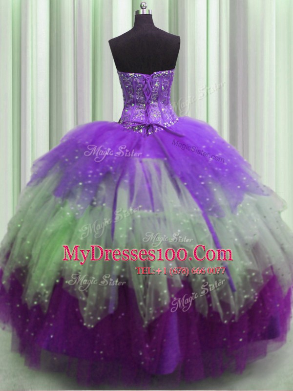 Extravagant Visible Boning Multi-color Sleeveless Beading and Ruffles and Sequins Floor Length Quinceanera Gowns