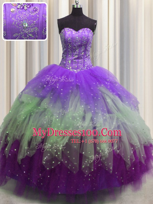 Extravagant Visible Boning Multi-color Sleeveless Beading and Ruffles and Sequins Floor Length Quinceanera Gowns