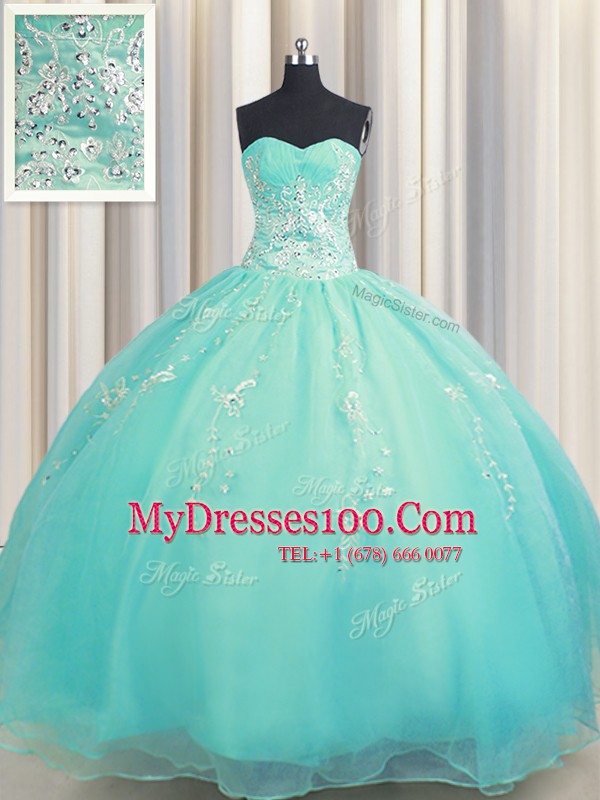 Amazing Zipper Up Sleeveless Organza Floor Length Zipper Sweet 16 Dress in Aqua Blue with Beading and Appliques