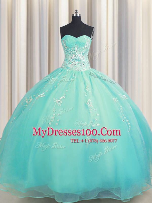 Amazing Zipper Up Sleeveless Organza Floor Length Zipper Sweet 16 Dress in Aqua Blue with Beading and Appliques