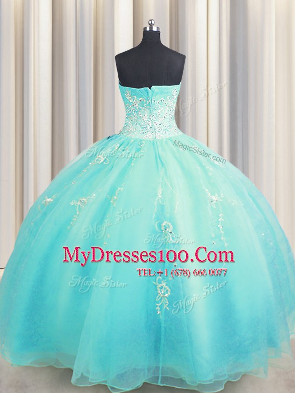 Amazing Zipper Up Sleeveless Organza Floor Length Zipper Sweet 16 Dress in Aqua Blue with Beading and Appliques