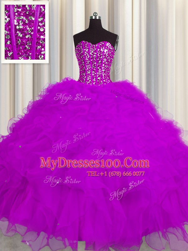 Wonderful Visible Boning Fuchsia Sweetheart Neckline Beading and Ruffles and Sequins Sweet 16 Dresses Sleeveless Lace Up