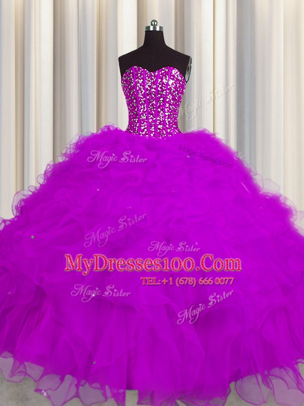 Wonderful Visible Boning Fuchsia Sweetheart Neckline Beading and Ruffles and Sequins Sweet 16 Dresses Sleeveless Lace Up