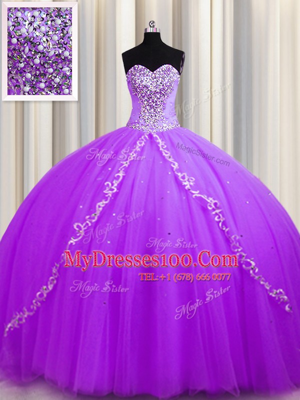 Charming Sweep Train Purple Sleeveless Beading Lace Up Quinceanera Dresses