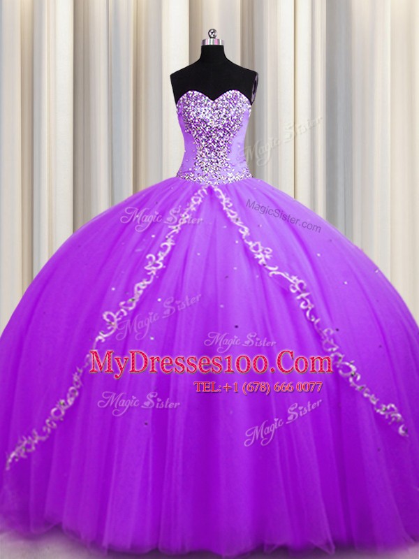 Charming Sweep Train Purple Sleeveless Beading Lace Up Quinceanera Dresses