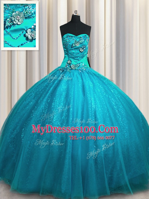Fantastic Sweetheart Sleeveless Lace Up Sweet 16 Dresses Teal Tulle and Sequined