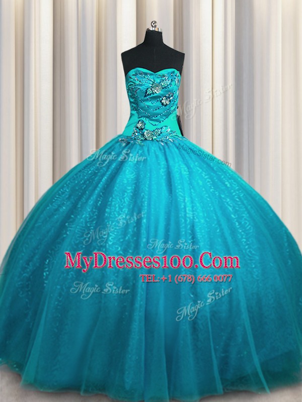 Fantastic Sweetheart Sleeveless Lace Up Sweet 16 Dresses Teal Tulle and Sequined