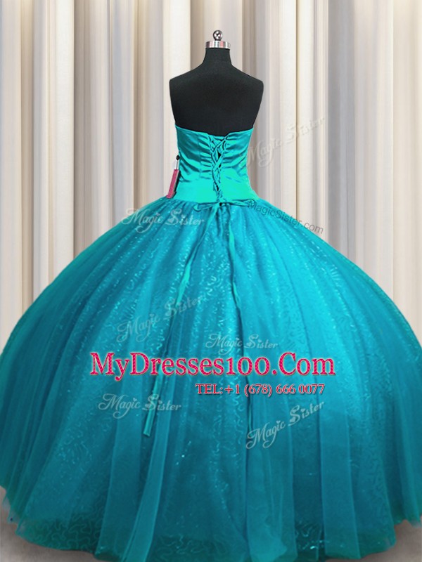 Fantastic Sweetheart Sleeveless Lace Up Sweet 16 Dresses Teal Tulle and Sequined