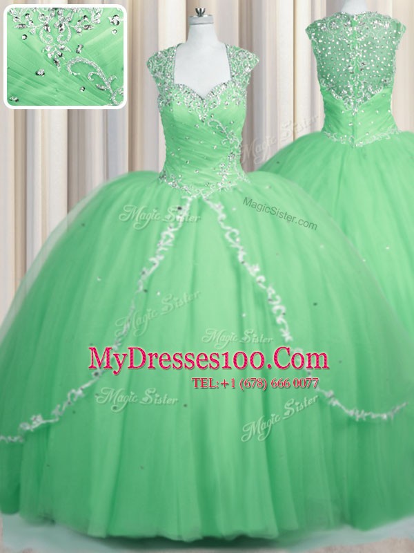 Apple Green Ball Gowns Tulle Sweetheart Cap Sleeves Beading and Appliques Zipper Quinceanera Gown Brush Train