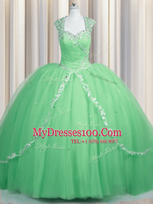 Apple Green Ball Gowns Tulle Sweetheart Cap Sleeves Beading and Appliques Zipper Quinceanera Gown Brush Train