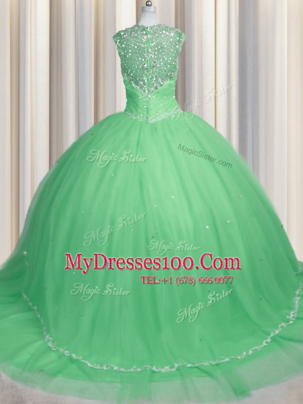 Apple Green Ball Gowns Tulle Sweetheart Cap Sleeves Beading and Appliques Zipper Quinceanera Gown Brush Train