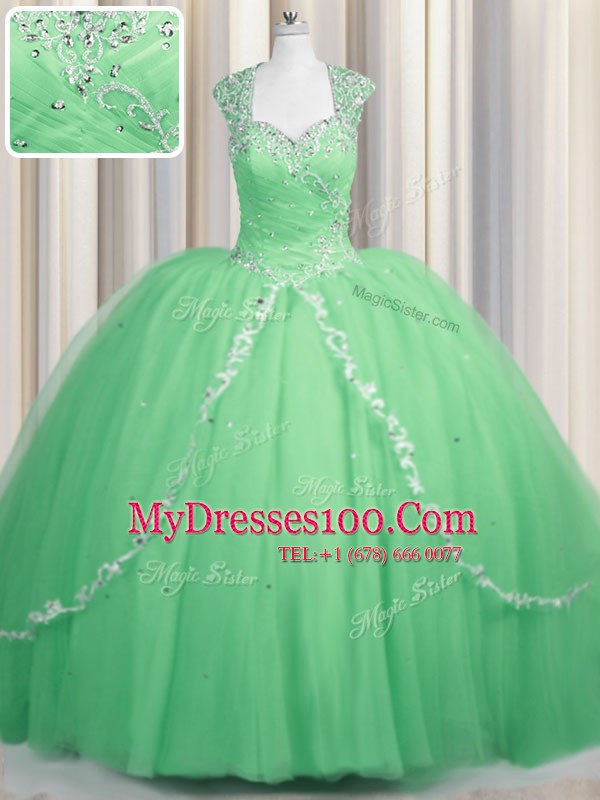 Apple Green Ball Gowns Tulle Sweetheart Cap Sleeves Beading and Appliques Zipper Quinceanera Gown Brush Train