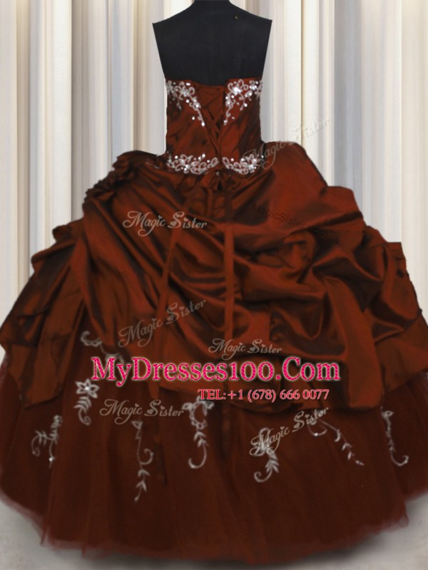 Captivating Pick Ups Embroidery Floor Length Ball Gowns Sleeveless Burgundy Sweet 16 Dresses Lace Up