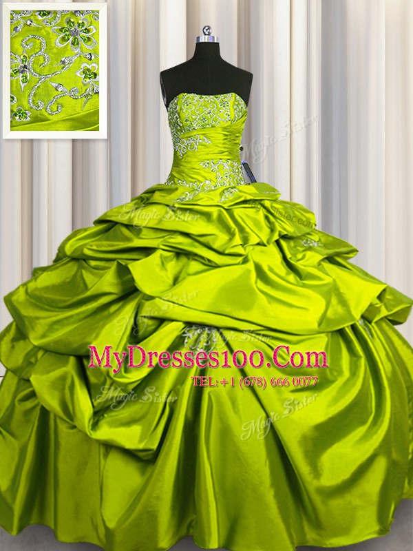 Best Olive Green Strapless Lace Up Beading and Pick Ups Sweet 16 Quinceanera Dress Sleeveless