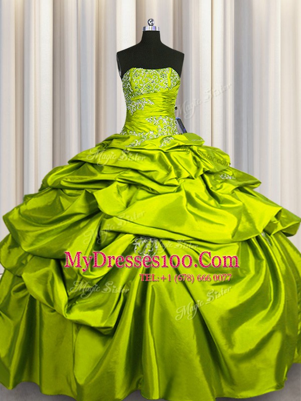 Best Olive Green Strapless Lace Up Beading and Pick Ups Sweet 16 Quinceanera Dress Sleeveless