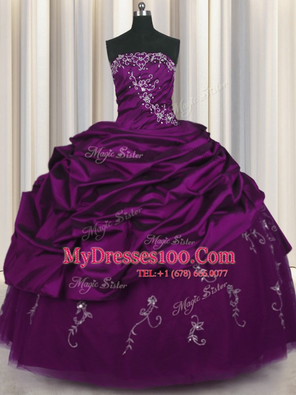 High End Purple Ball Gowns Taffeta Strapless Sleeveless Beading and Embroidery and Pick Ups Floor Length Lace Up Ball Gown Prom Dress