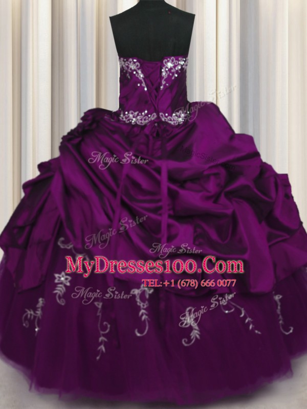 High End Purple Ball Gowns Taffeta Strapless Sleeveless Beading and Embroidery and Pick Ups Floor Length Lace Up Ball Gown Prom Dress
