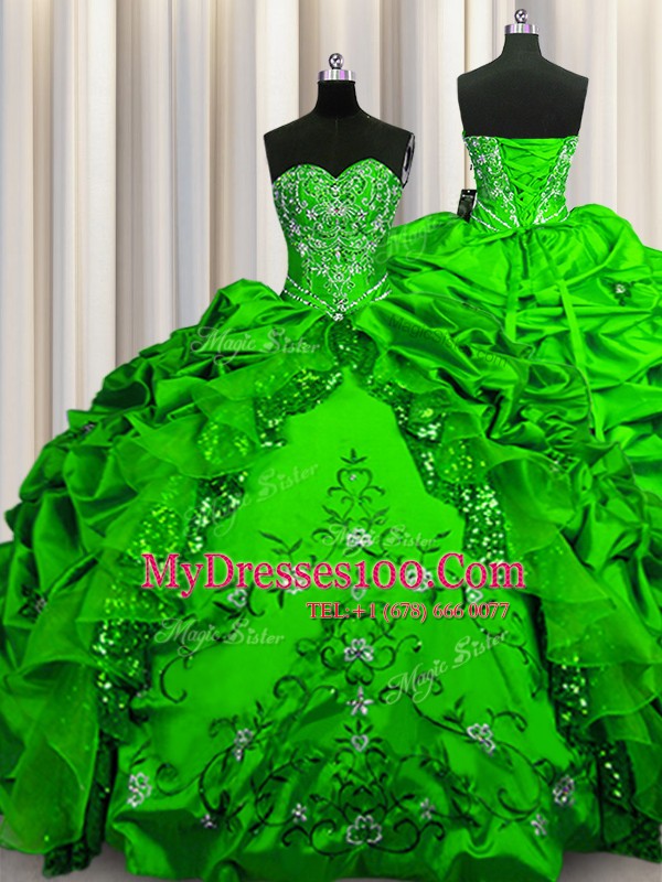 Beautiful Sequins Taffeta Lace Up Sweetheart Sleeveless Floor Length Quinceanera Dress Beading and Embroidery and Ruffles and Pick Ups