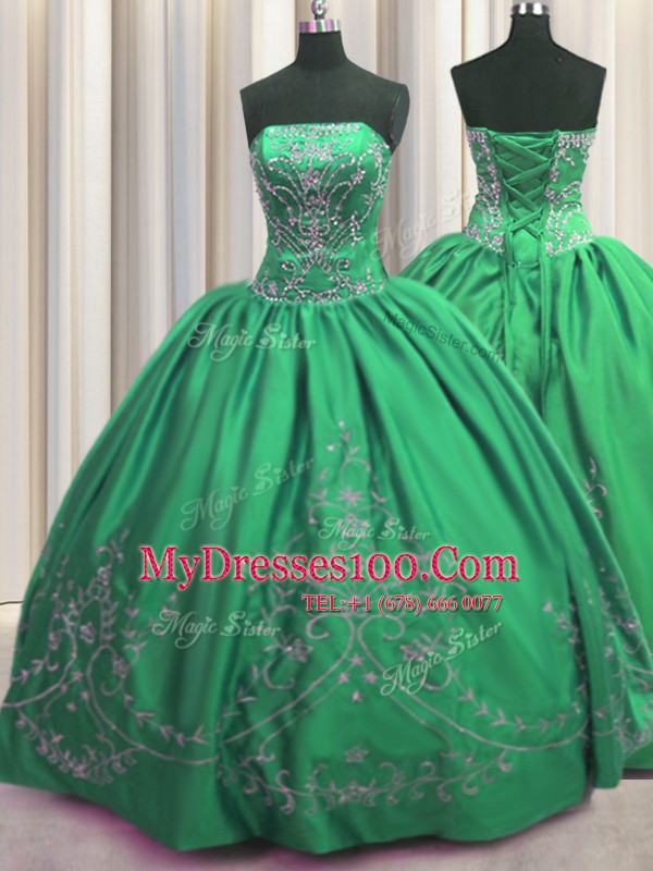 Embroidery Strapless Sleeveless Lace Up Vestidos de Quinceanera Green Taffeta