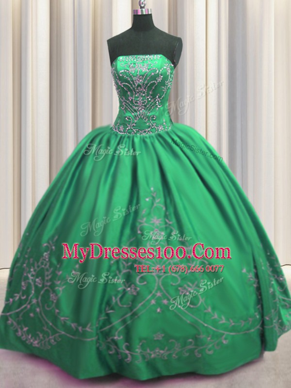 Embroidery Strapless Sleeveless Lace Up Vestidos de Quinceanera Green Taffeta