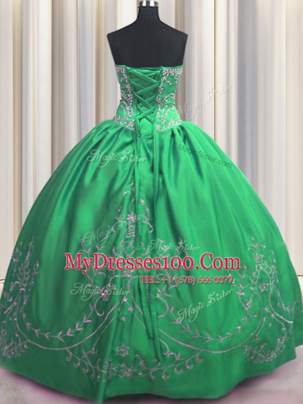 Embroidery Strapless Sleeveless Lace Up Vestidos de Quinceanera Green Taffeta