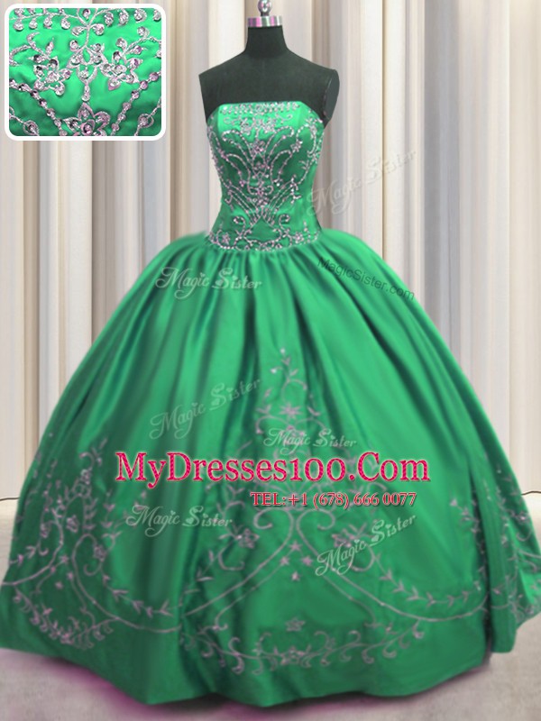 Embroidery Strapless Sleeveless Lace Up Vestidos de Quinceanera Green Taffeta