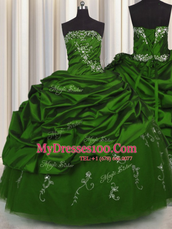 On Sale Embroidery Green Ball Gowns Beading and Appliques and Pick Ups Vestidos de Quinceanera Lace Up Taffeta Sleeveless Floor Length
