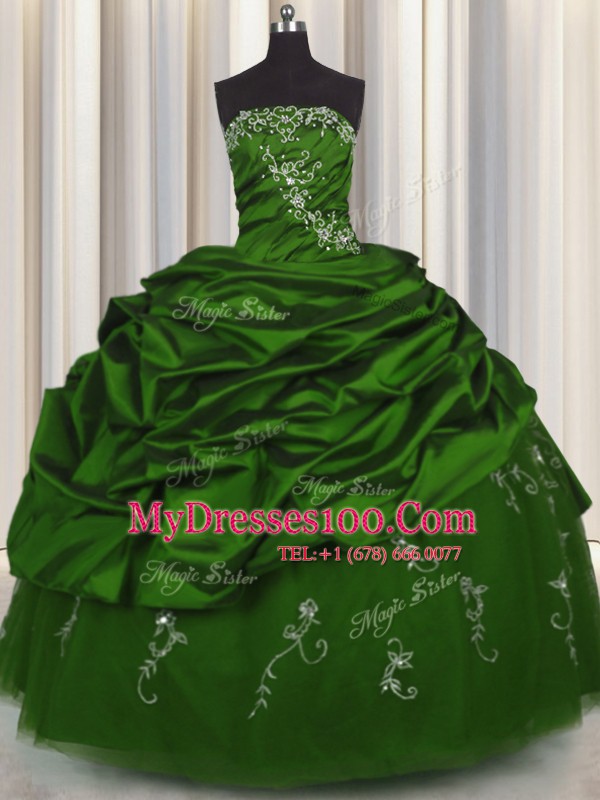 On Sale Embroidery Green Ball Gowns Beading and Appliques and Pick Ups Vestidos de Quinceanera Lace Up Taffeta Sleeveless Floor Length
