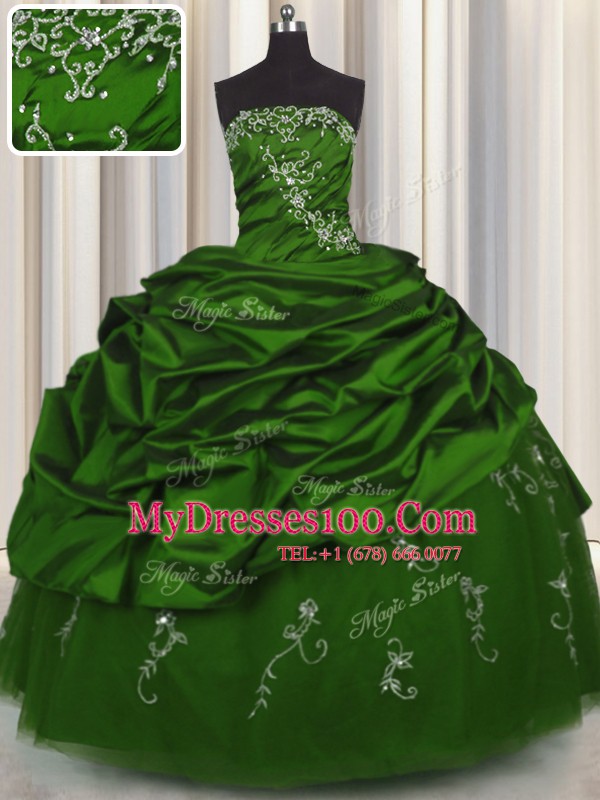 On Sale Embroidery Green Ball Gowns Beading and Appliques and Pick Ups Vestidos de Quinceanera Lace Up Taffeta Sleeveless Floor Length