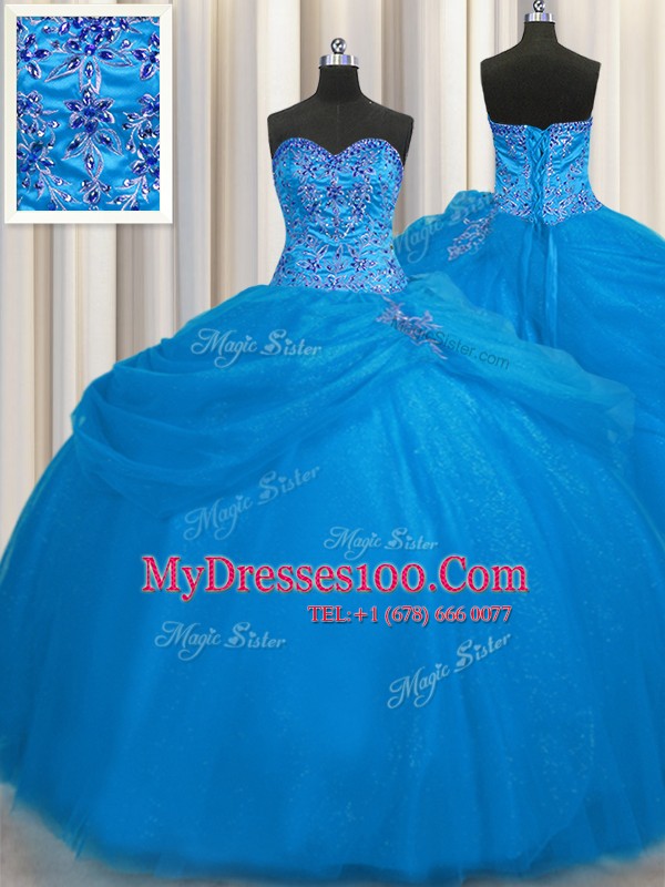 Nice Really Puffy Blue Ball Gowns Beading 15 Quinceanera Dress Lace Up Tulle Sleeveless Floor Length