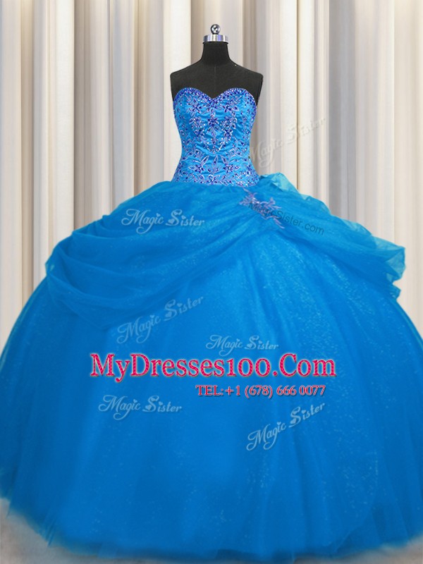 Nice Really Puffy Blue Ball Gowns Beading 15 Quinceanera Dress Lace Up Tulle Sleeveless Floor Length