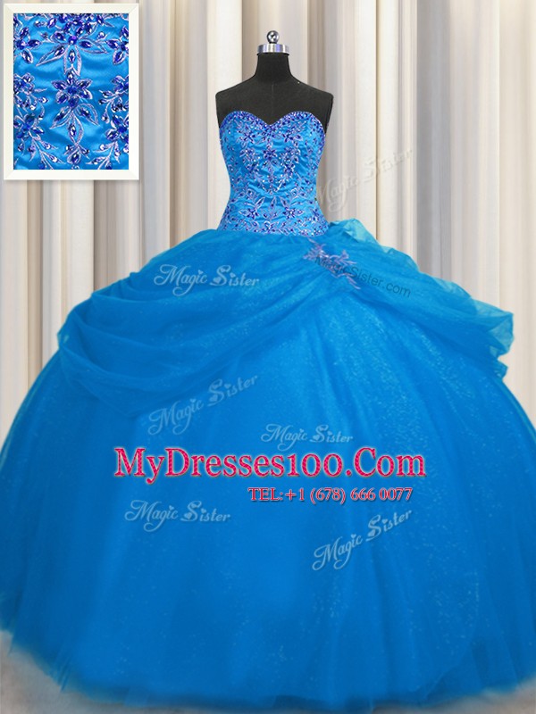 Nice Really Puffy Blue Ball Gowns Beading 15 Quinceanera Dress Lace Up Tulle Sleeveless Floor Length