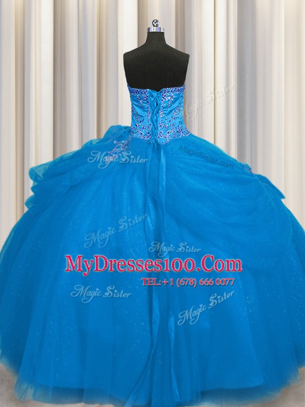 Nice Really Puffy Blue Ball Gowns Beading 15 Quinceanera Dress Lace Up Tulle Sleeveless Floor Length
