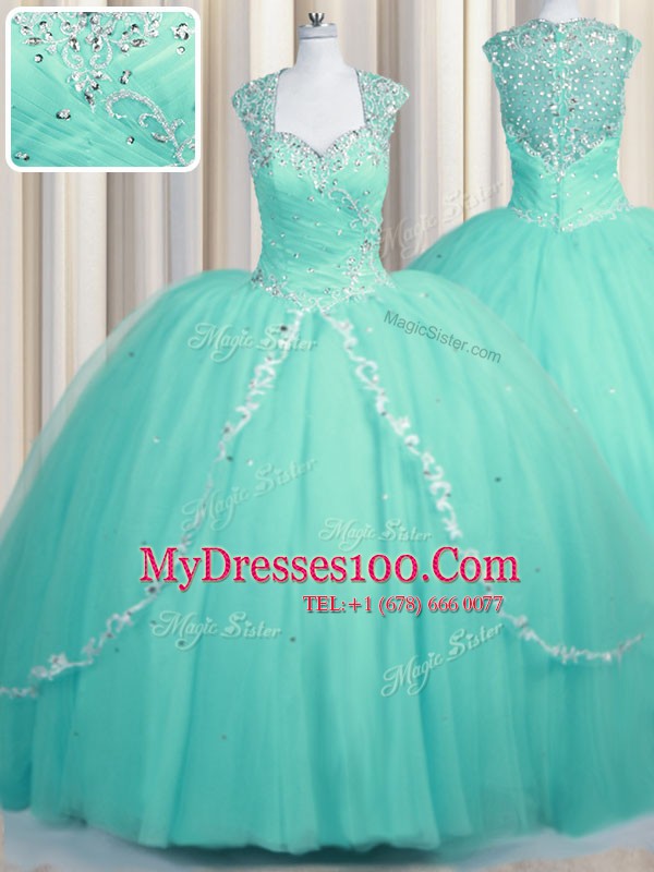 Hot Sale Aqua Blue Zipper Quinceanera Dresses Beading and Appliques Cap Sleeves Brush Train